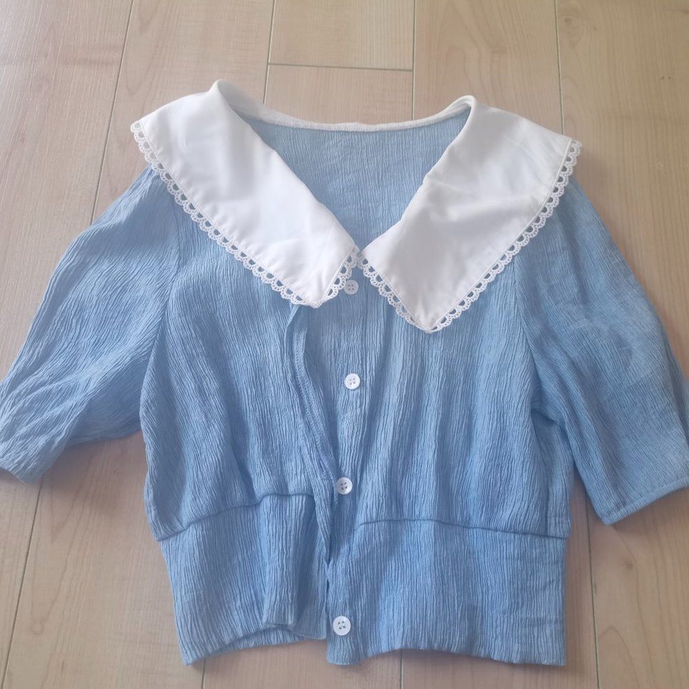 contrast collar puff sleeve blouse